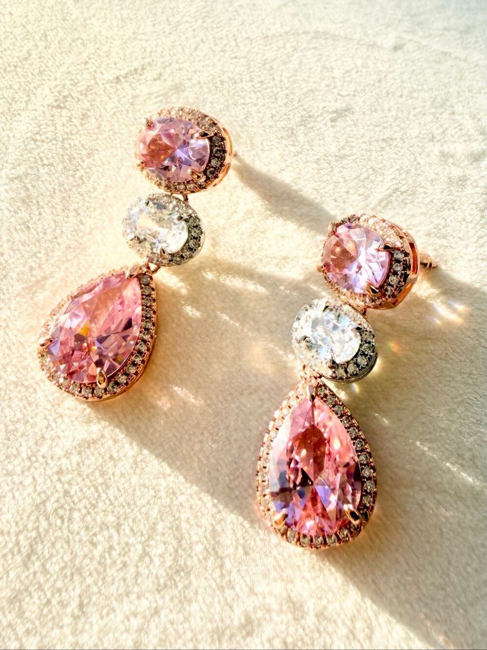 Pink Crystal Teardrop Statement Earrings Rose Gold Bridal Glam